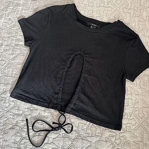 🩷NWOT FOREVER 21 BLACK SHORT SLEEVE CINCH TIE CROP TOP GOING OUT SIZE SMALL